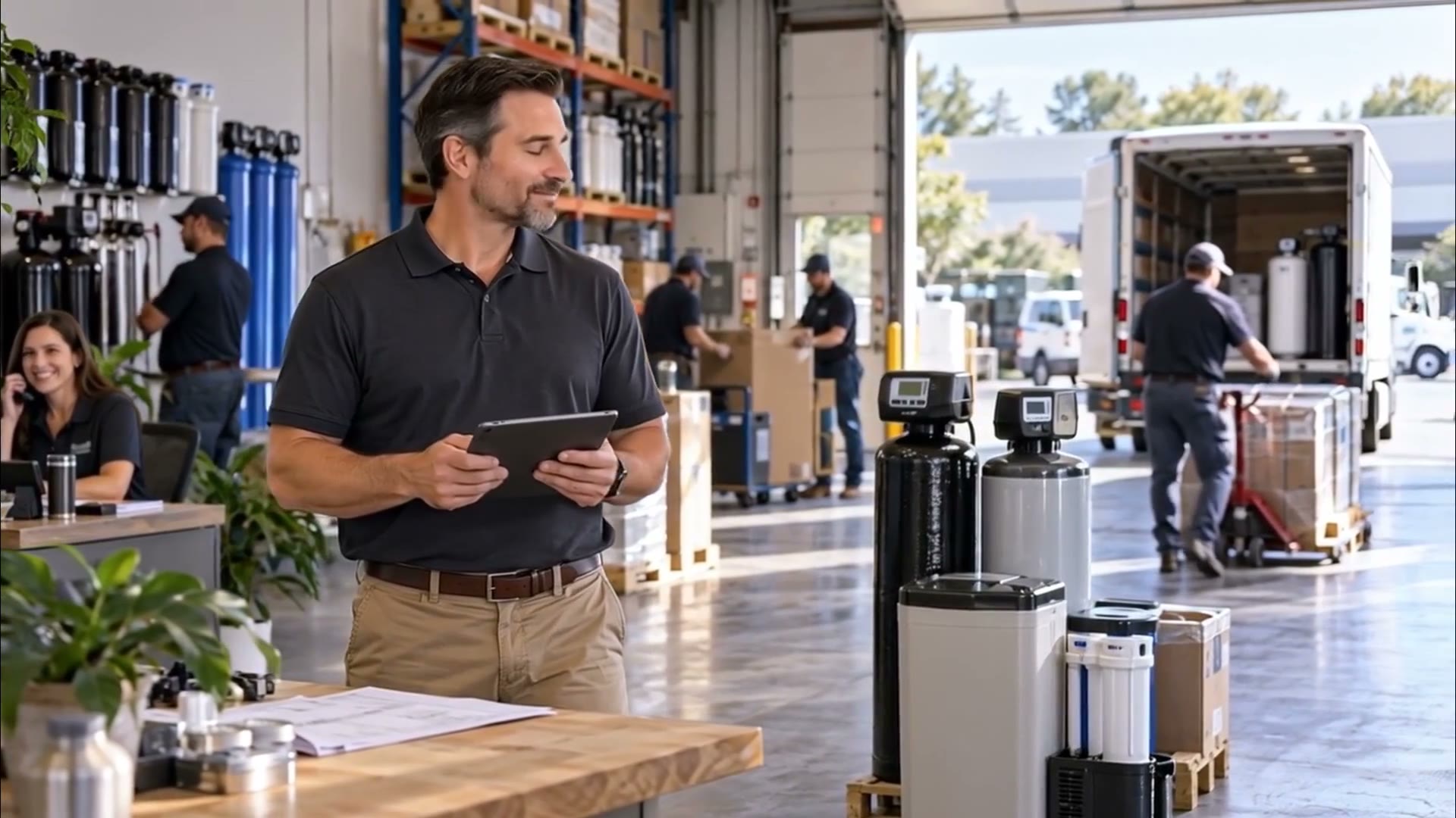 A water treatment company team working in its warehouse