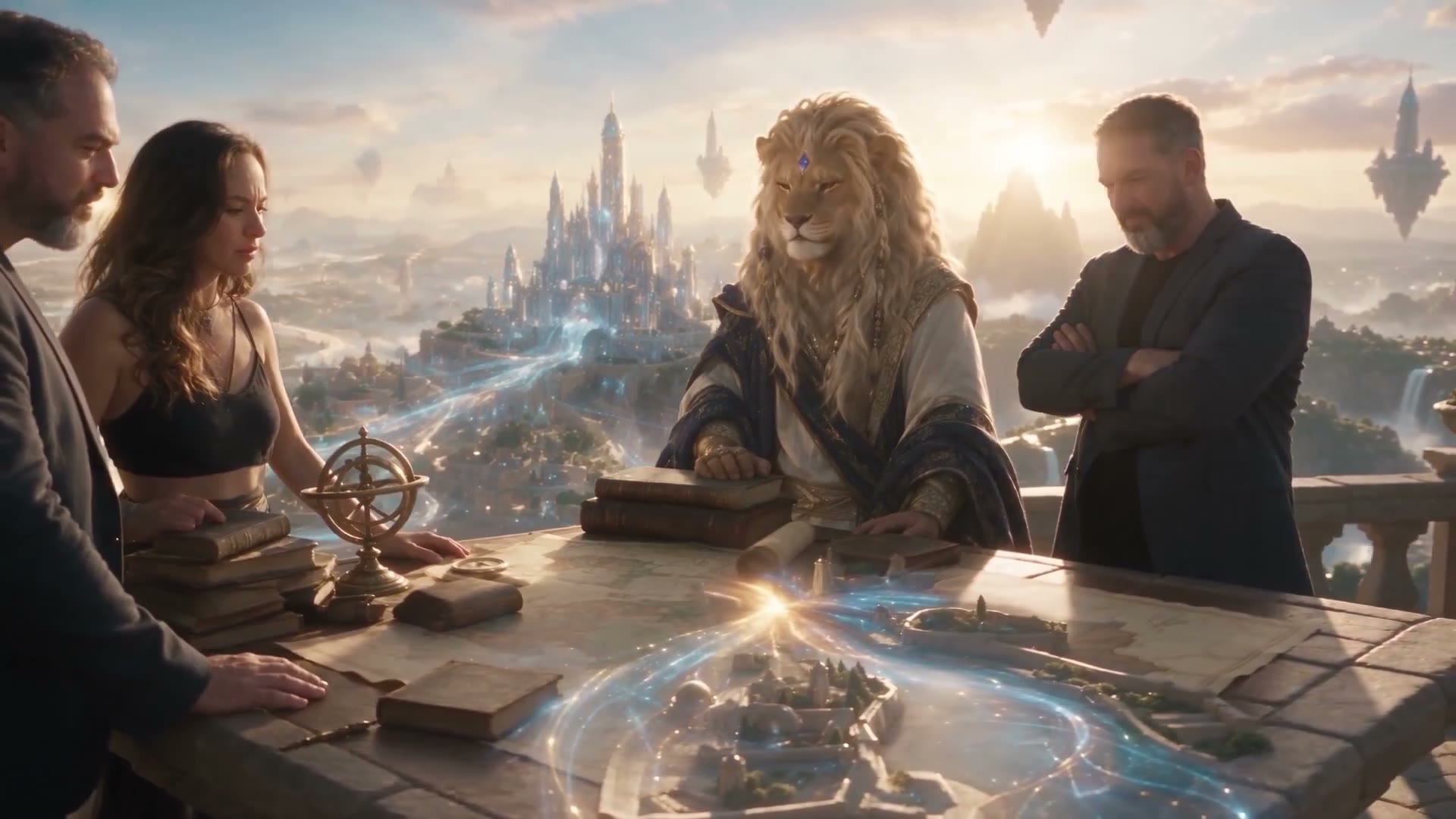 Noble the lion studying the Kingdom map at a strategy table
