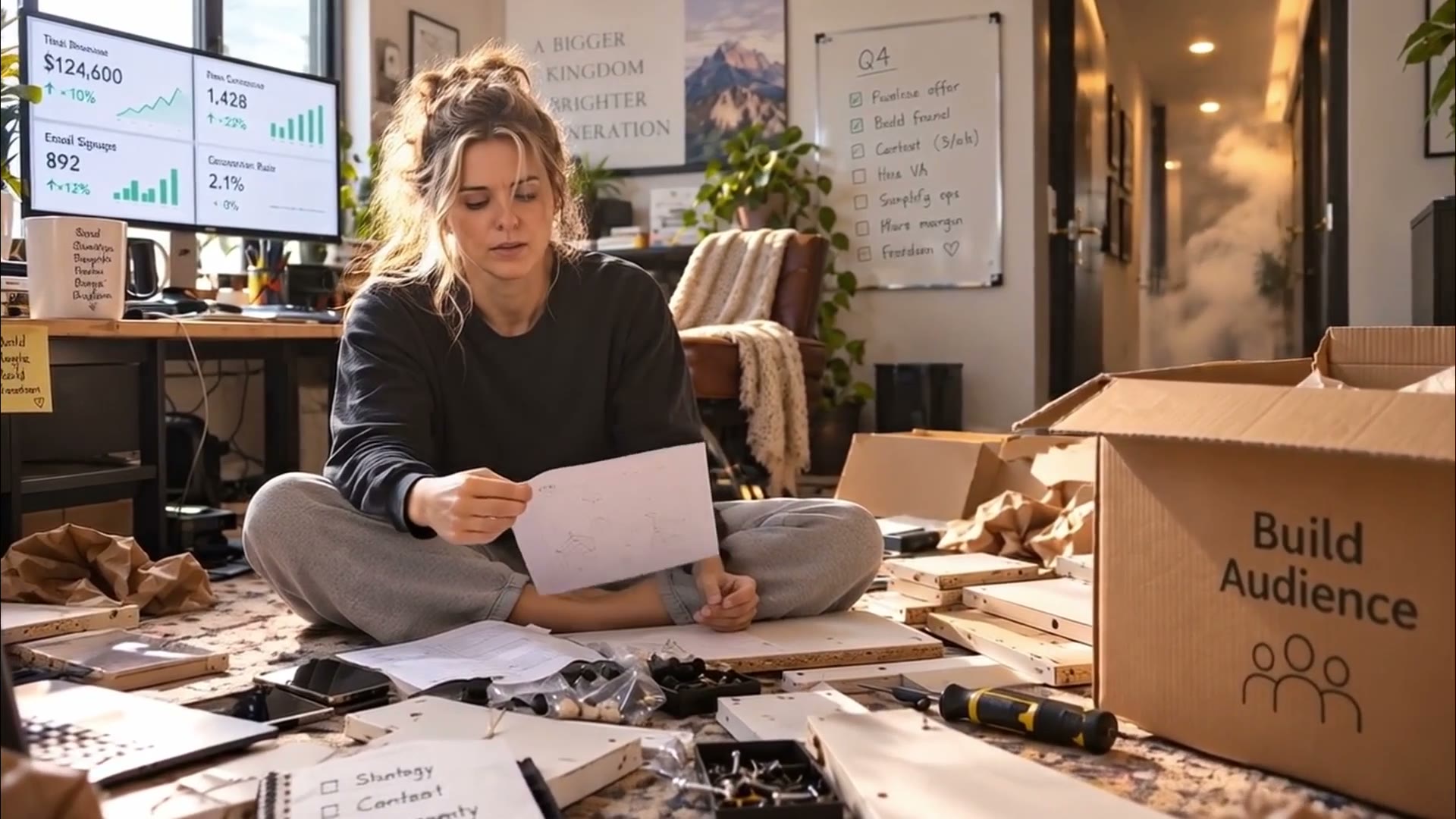A founder overwhelmed on the floor amid boxes of unfinished work